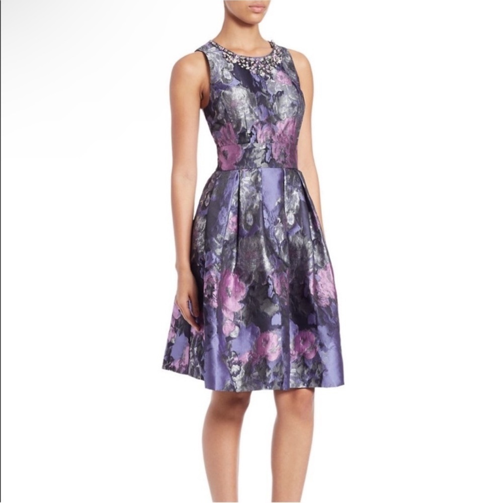 Eliza J Jeweled Neck Dress Sleeveless Floral Plum Sz. 6